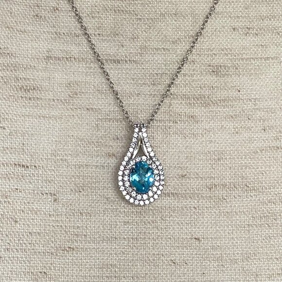 Sterling Silver 925 P☆M Oval Blue Topaz White Topaz Double Halo Pendant Necklace - Picture 6 of 16